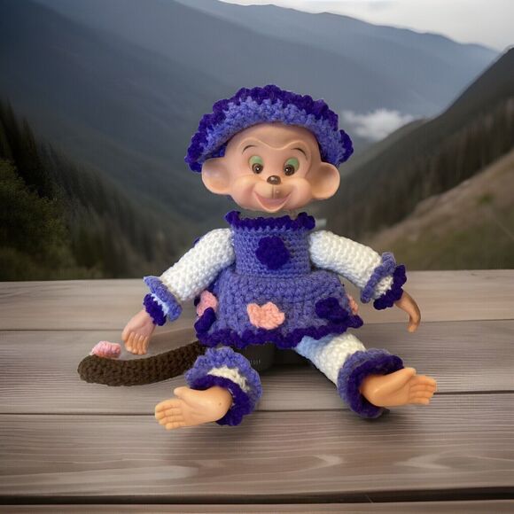 Vintage Rubber Face Monkey Plush Handmade Crocheted Dress Stuffed Animal - Picture 1 of 4